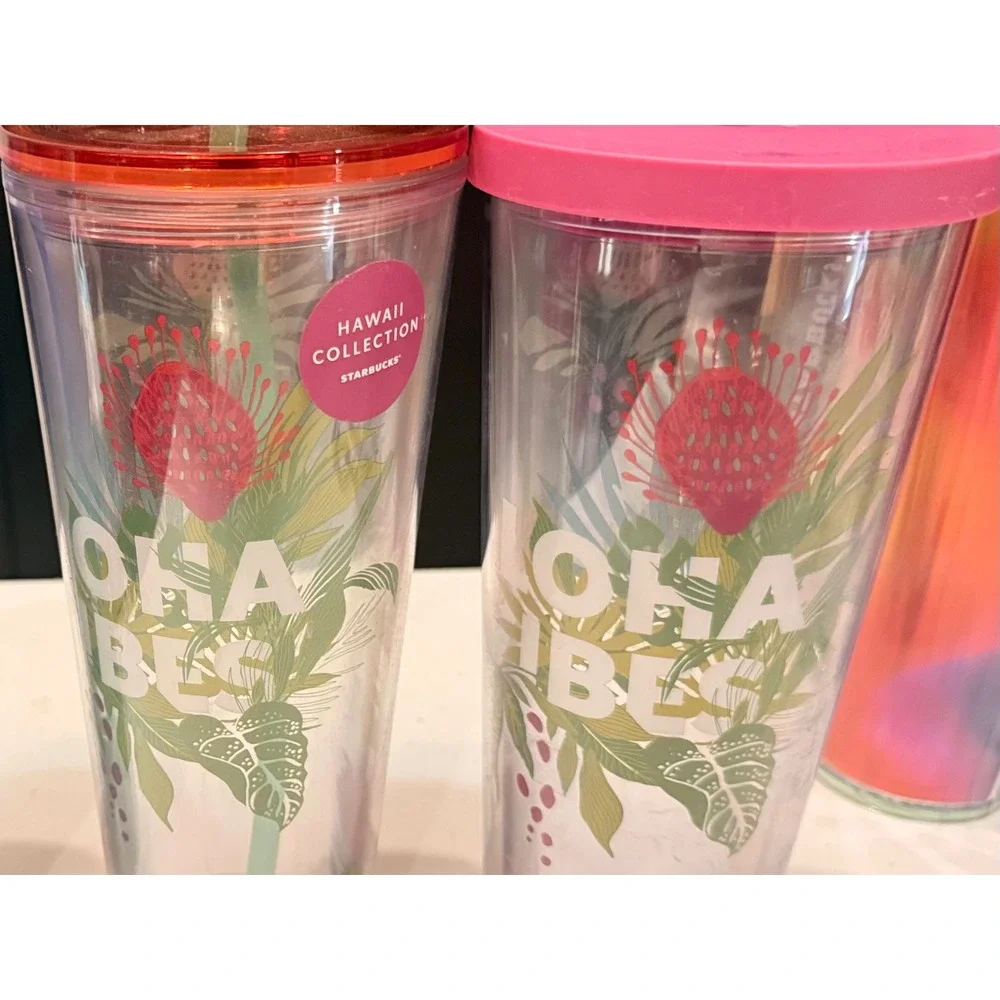 Starbucks Aloha Hawaii Tumbler Bundle 3 Pc Blue Ombre Stainless + 2 Cold Cups